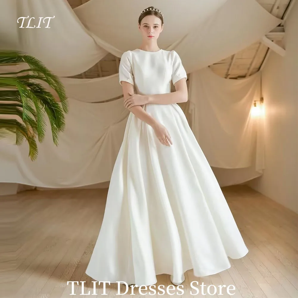

TLIT Modest O-Neck Wedding Dresses Half Sleeve Draped Satin A-Line Bride Dress Customized Simple Backless Garden Bridal Gown