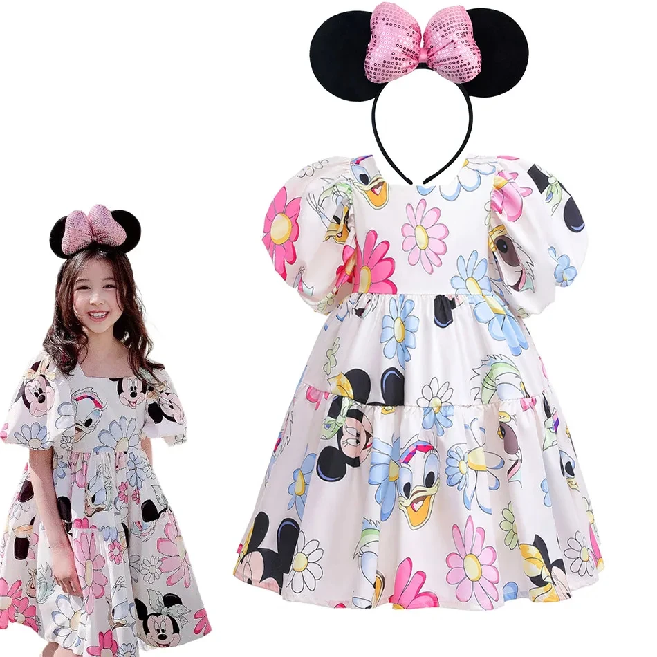 

2024 Girls Summer Disneyland Mickey Mouse Donald Duck Cartoon Dress Puffy Sleeve Floral Print Dress Kids Casual Korean Frock