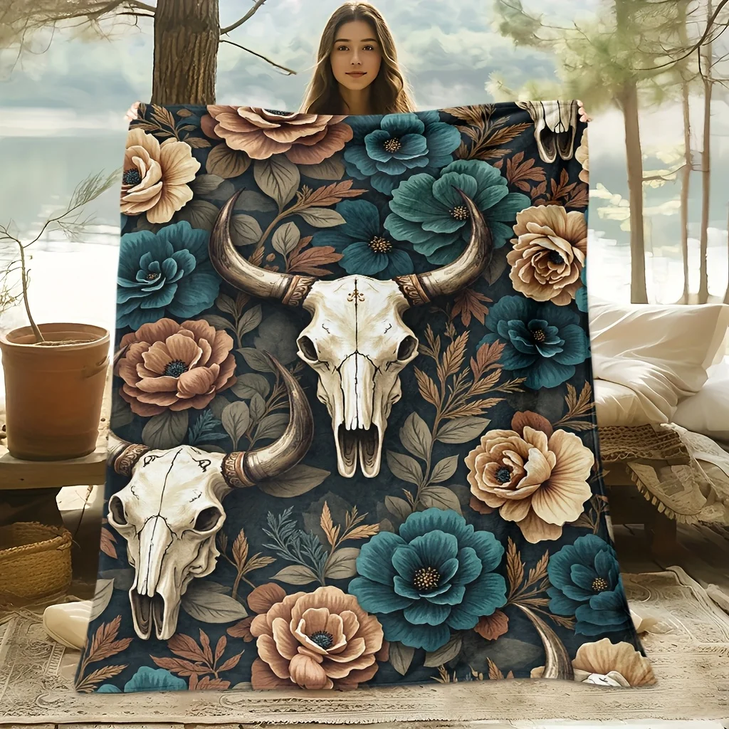 Boho Skull Floral Print Throw Blanket Maximalist Gothic Aesthetic Cozy Decorative Fleece Throw for Sofa Bedside Decor