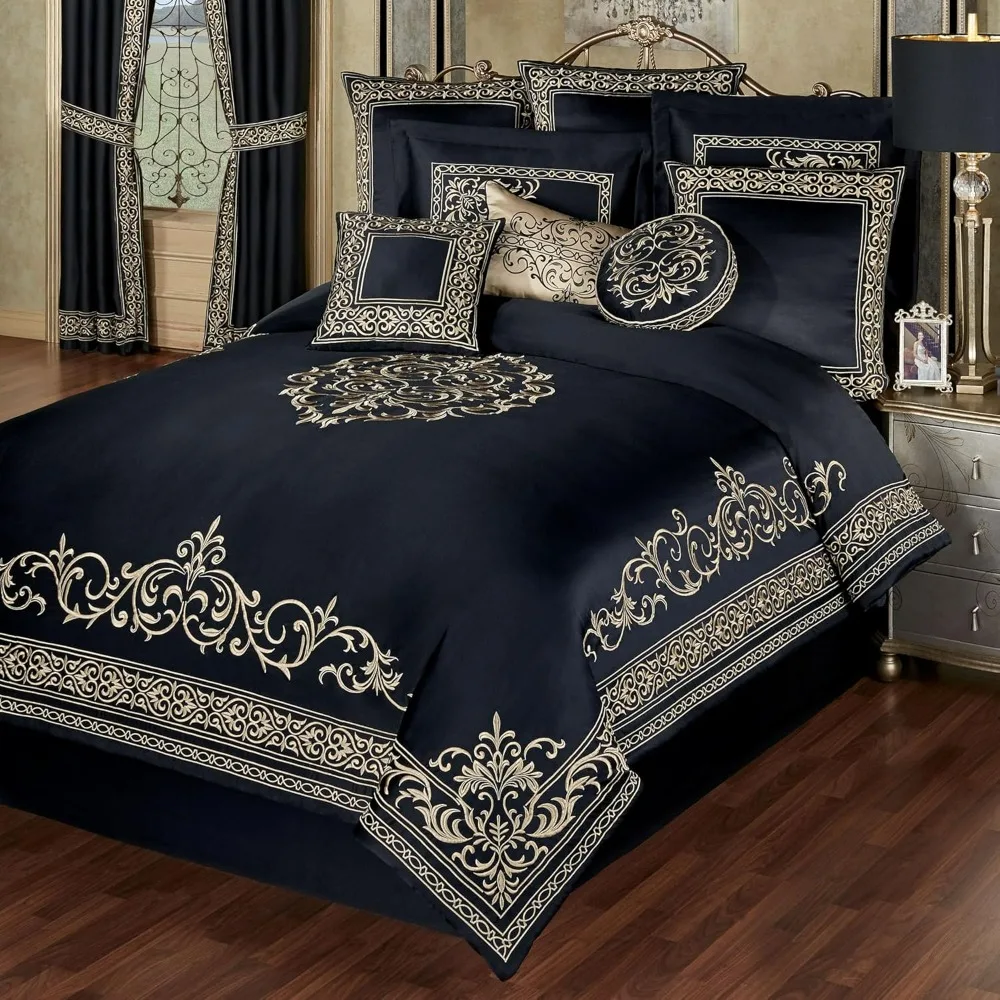 Kensington Luxury Bedding, Palace-Inspired Golden Scrollwork Embroidery on Sateen, 4/7/11 Piece Comforters Set, Black