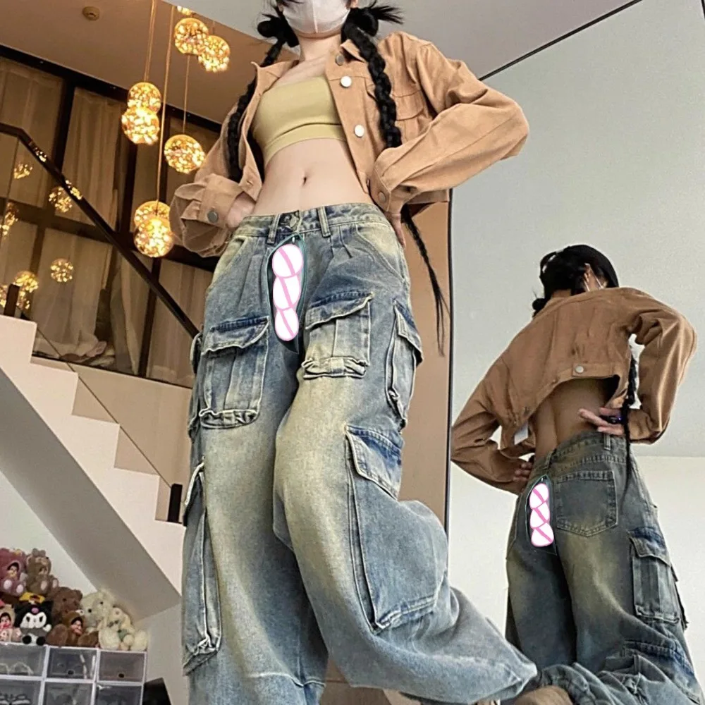 

Invisible Open Crotch Outdoor Sex Summer Vintage Jeans Women's Multi-Pocket Streetwear Cargo Trousers Wide Leg Loose Hotpants