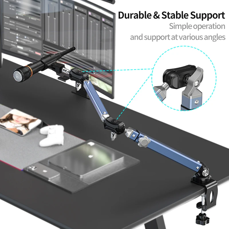 microphone stand Arm Profile 360°Swivel , Mic Boom Arm Desk Mount, Adjustable Mic Arm with Detachable Rise Column for Streaming