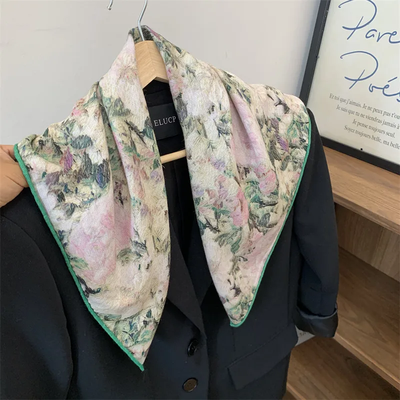 

30% Silk 70% wool Scarf for Women Square Scarves Female Neckerchief Shawl Wrap New Print Neck Hijab Poncho Bandana High Quality