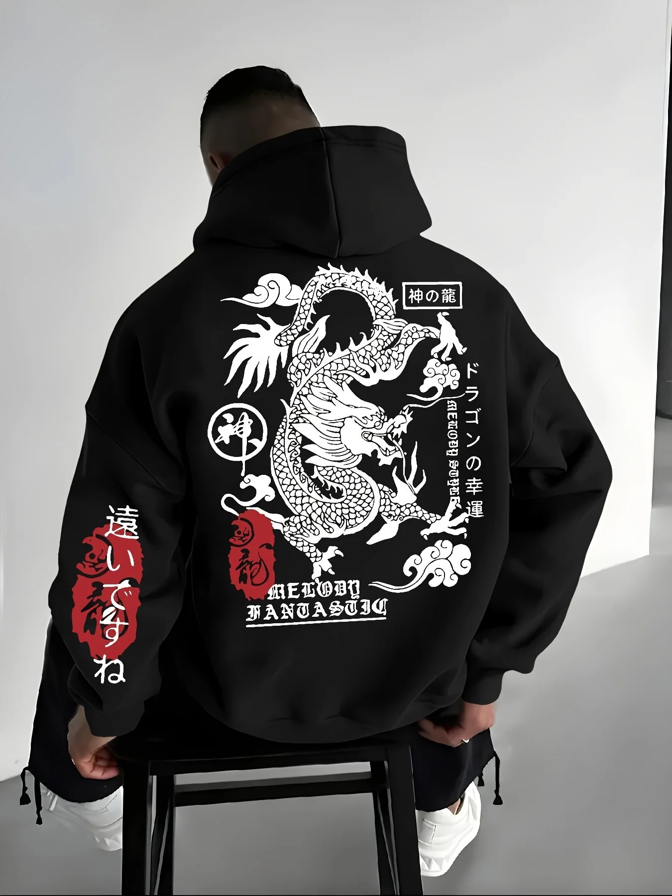Vintage Oriental Dragon Letter Print Men Hoodie Winter Thick Warm Fleece Loose‑fit Street‑Style Hooded Pullover Sweatshirt