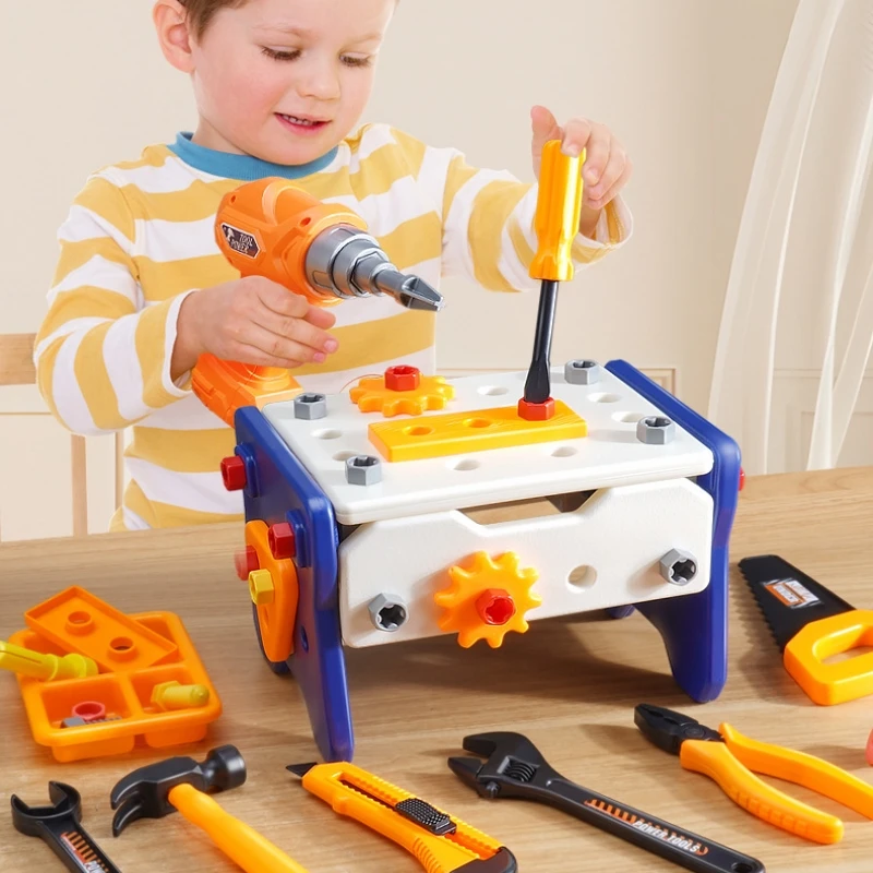 Kit de herramientas de reparación para juego de imitación, caja de herramientas para niños con taladro eléctrico, sierra, destornillador, llave, martillo, desmontar juguetes educativos