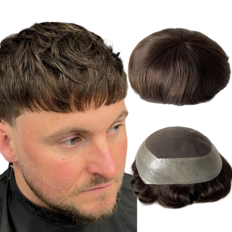 

Brazilian Virgin Human Hair Systems Light Brown Color 4# New AUS Toupee 8x10 Center Lace with PU Unit for European Men