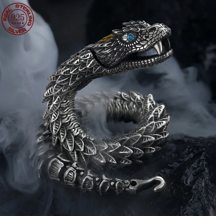 

Real solid S925 Silver Viking Goth Black Gun Snake Men's bracelet Rock style Golden horn overlord women's party jewelry