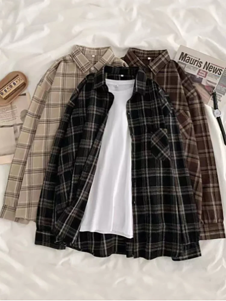 Women Shirt Plaid Oversize Blouse Female Korean Fashion Long Sleeves Shirt Tops Casual Outwear Vintage Checkered Femme Blusas