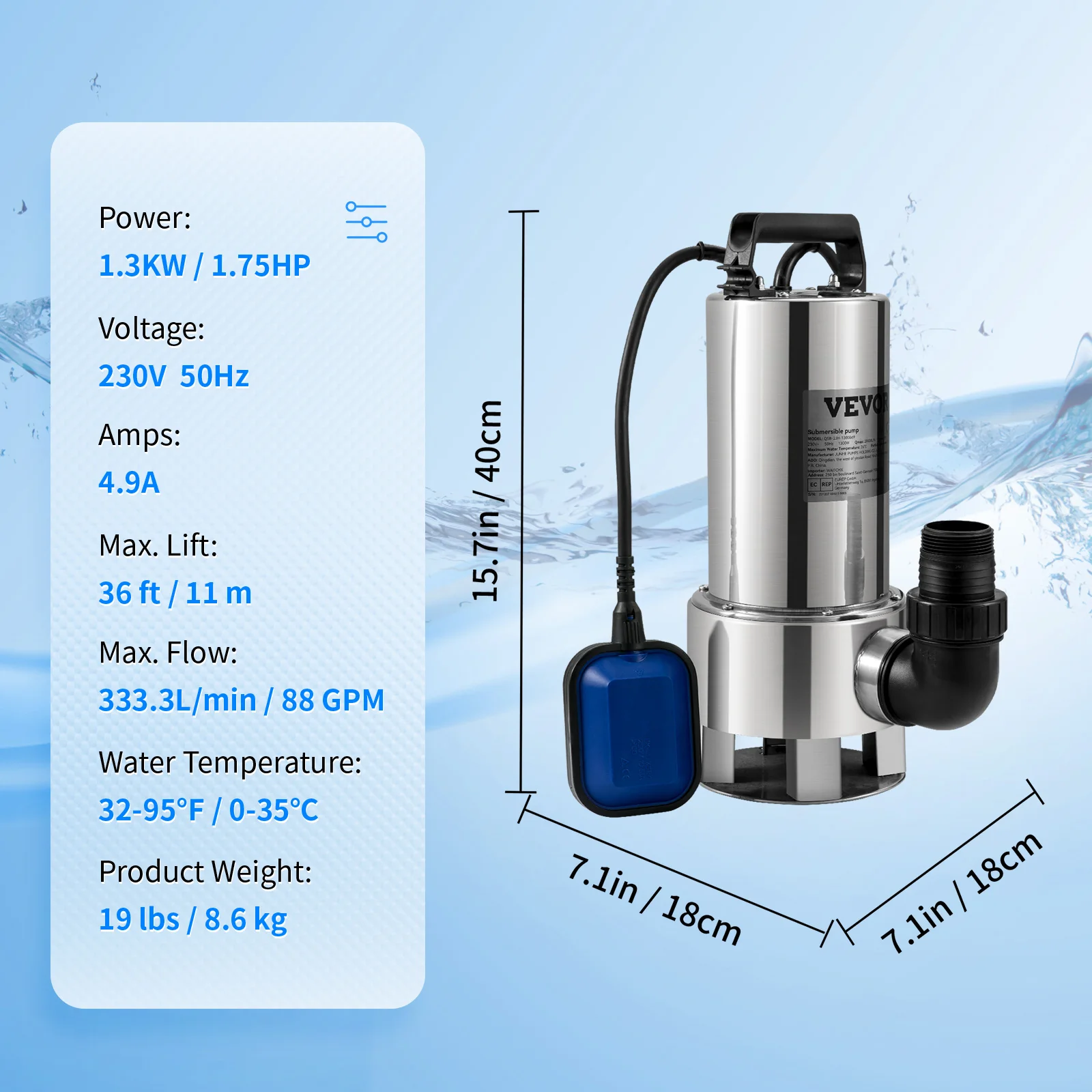 SucceBuy Rioolpomp Dompelpomp Waterpomp 550W - 2200W voor het pompen van water van zwembaden, kelders, bubbelbaden