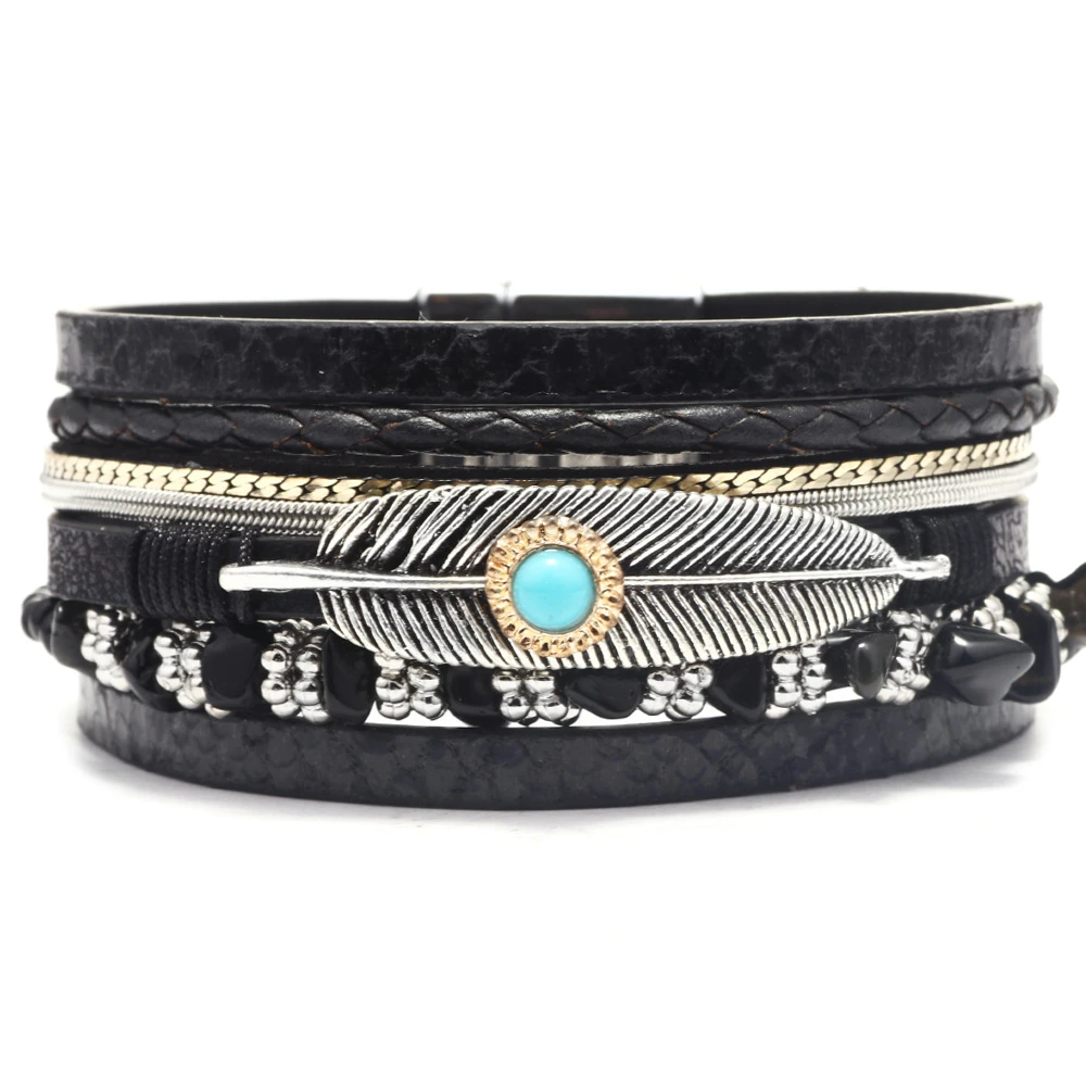 Stylish Vintage Feather Magnet Buckle Bracelet Natural Stone Gravel Multi Layer Leather Bracelet for Women Luxury Jewelry