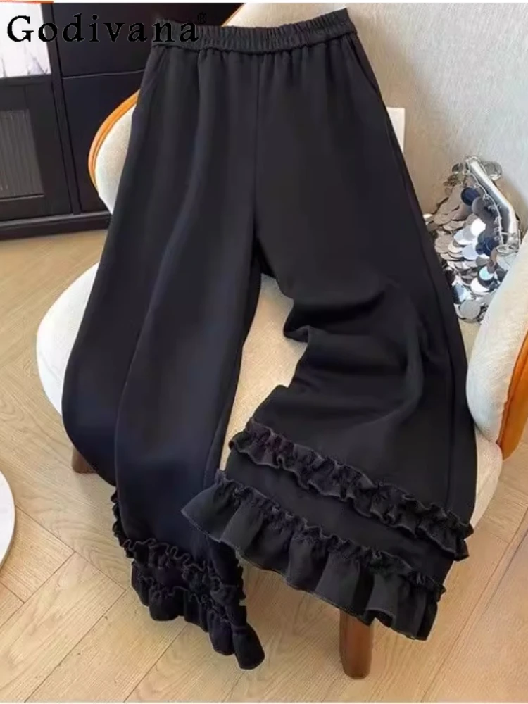 

Весенне-осенние новые женские однотонные кружевные спортивные штаны большого размера, милые американские свободные простые трикотажные брюки в стиле Лолиты