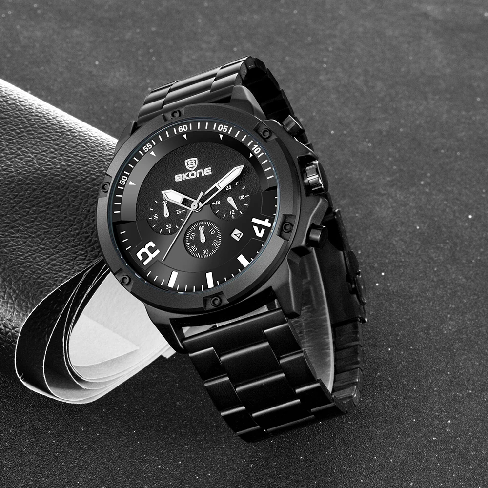 SKONE New popular men's business multifunctional three eye steel strip retro fashion large dial calendar quartz watch