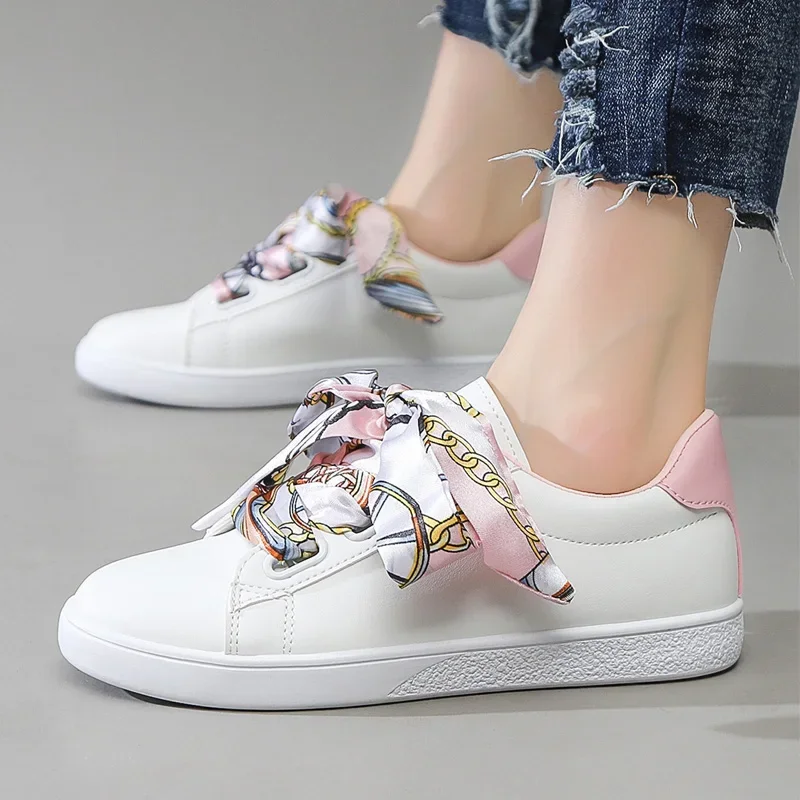 Damskie trampki modna wstążka sznurowane buty w stylu casual mieszkania tenis sportowe buty do skateboardingu trenerzy studenckie codzienne buty do