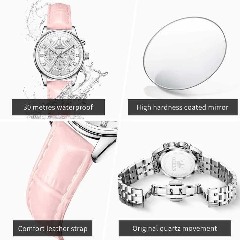 OLEVS Leather Strap Original Quartz Watch for Women Diamond Dial Classic Chronograph AutoDate Waterproof Women's Wristwatch 3669