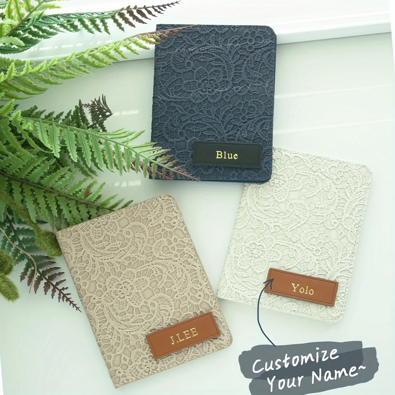 Custom Gold Foil Name Leather Label Lace Texture Leather Passport Cover Multi Card Slots Vintage Feminine Travel Document Wallet