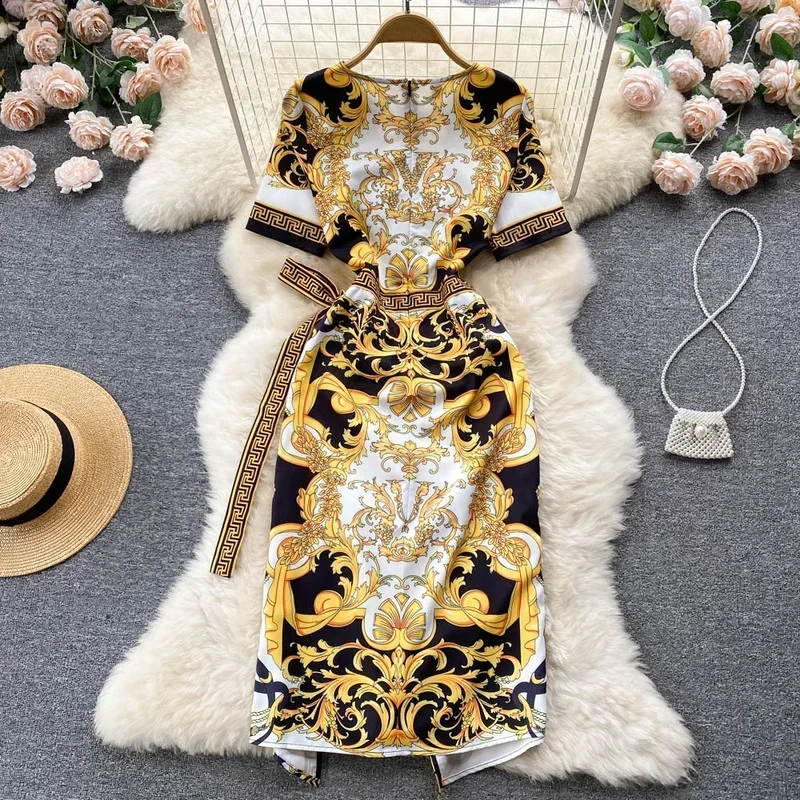

2025 Summer Court Style Print Vestido Round Neck Long Sleeve Lace Waist Slim Robe High-end Temperament Package Hip Dress