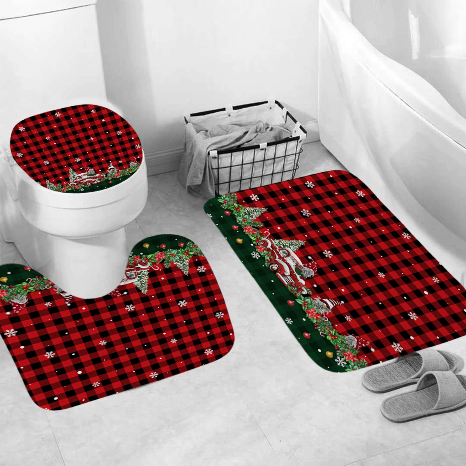 Christmas plaid print shower curtain, modern waterproof dรฉcor, soft fabric, non-slip bathroom mat, 12 plastic hooks