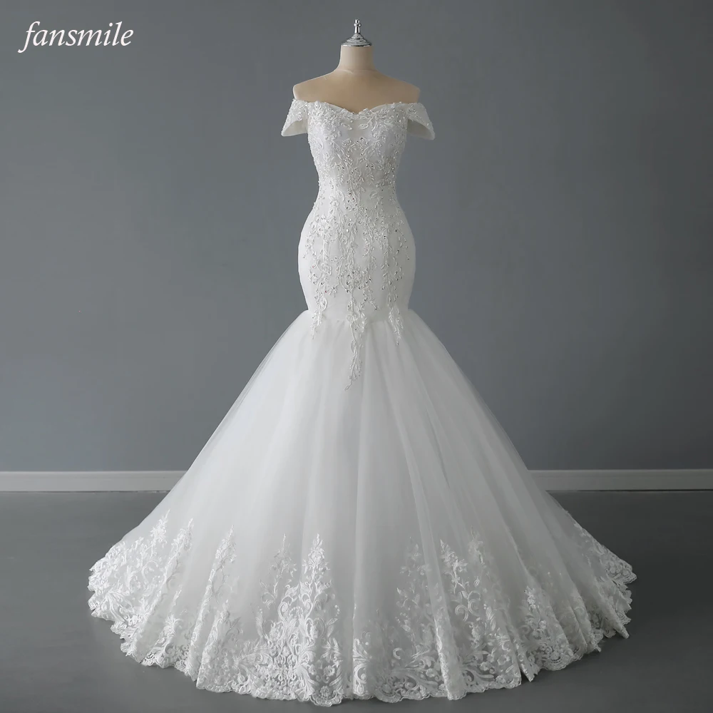 Fansmile Beading Off the Shoulder Lace Mermaid Wedding Dress 2025 Plus Size Customized Elegant Bridal Derss FSM-207M