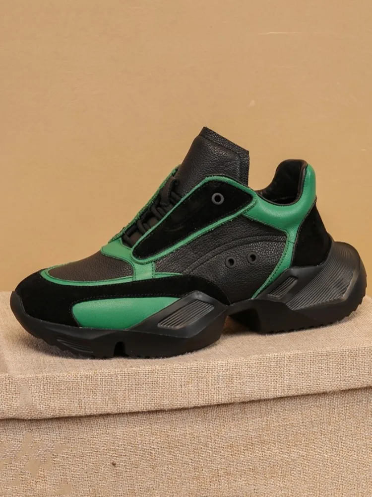 Mens Genuine Leather Sneakers Mixed Colors Design Round Toe Thick Bottom Casual Shoes Fashion Comfortable Walking Active Shoes
