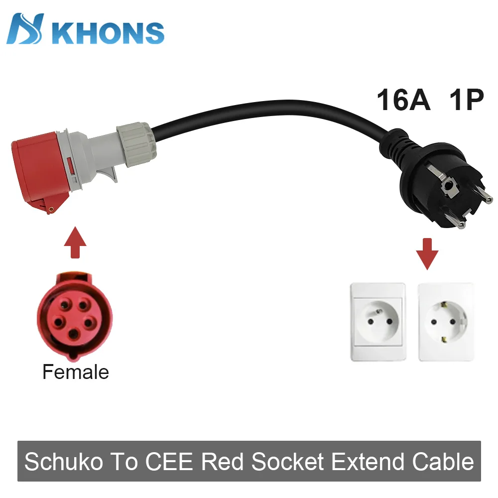 Khons EV Charger Schuko Plug To CEE Red Female Plug 32A 3phase Adapter Blue CEE 32A Female Plug 32A to Schuko16A Connector