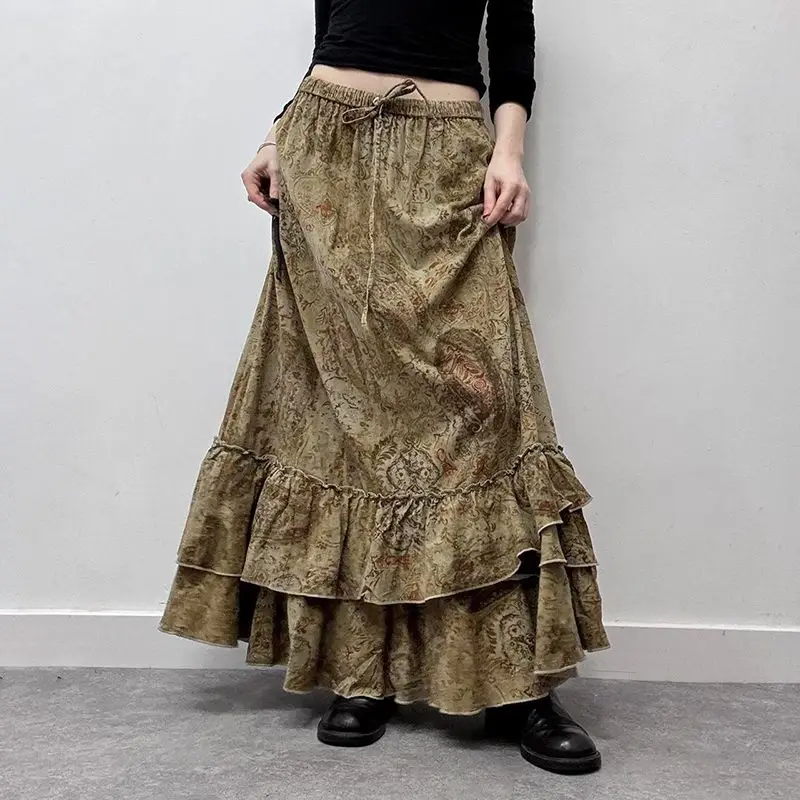

2025 Autumn New Retro Printed Half Length Skirt for Women Loose A-line Skirt with Lotus Leaf Edge
