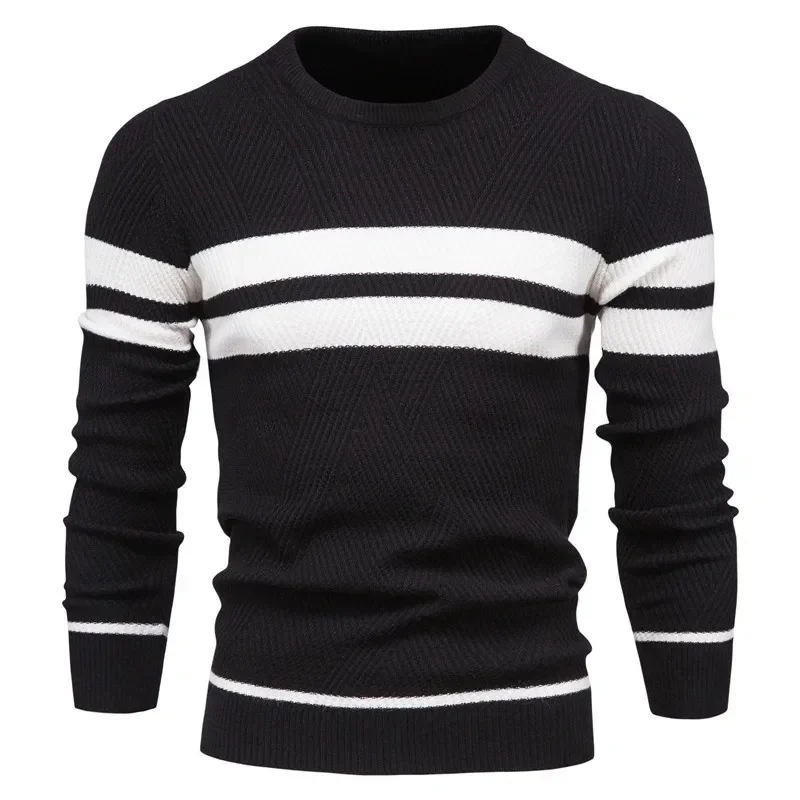 Jerséis de moda para hombre, suéteres de punto con cuello redondo, Tops de manga larga, empalme a rayas, Top sencillo informal Regular para Otoño e Invierno