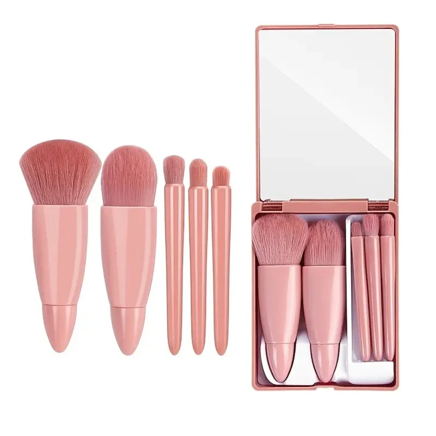 5pcs Makeup Brushes Sets with Translucent Box, Mirror, Face Foundation, Powder Blusher - Portable Travel Carry Make Up Tools