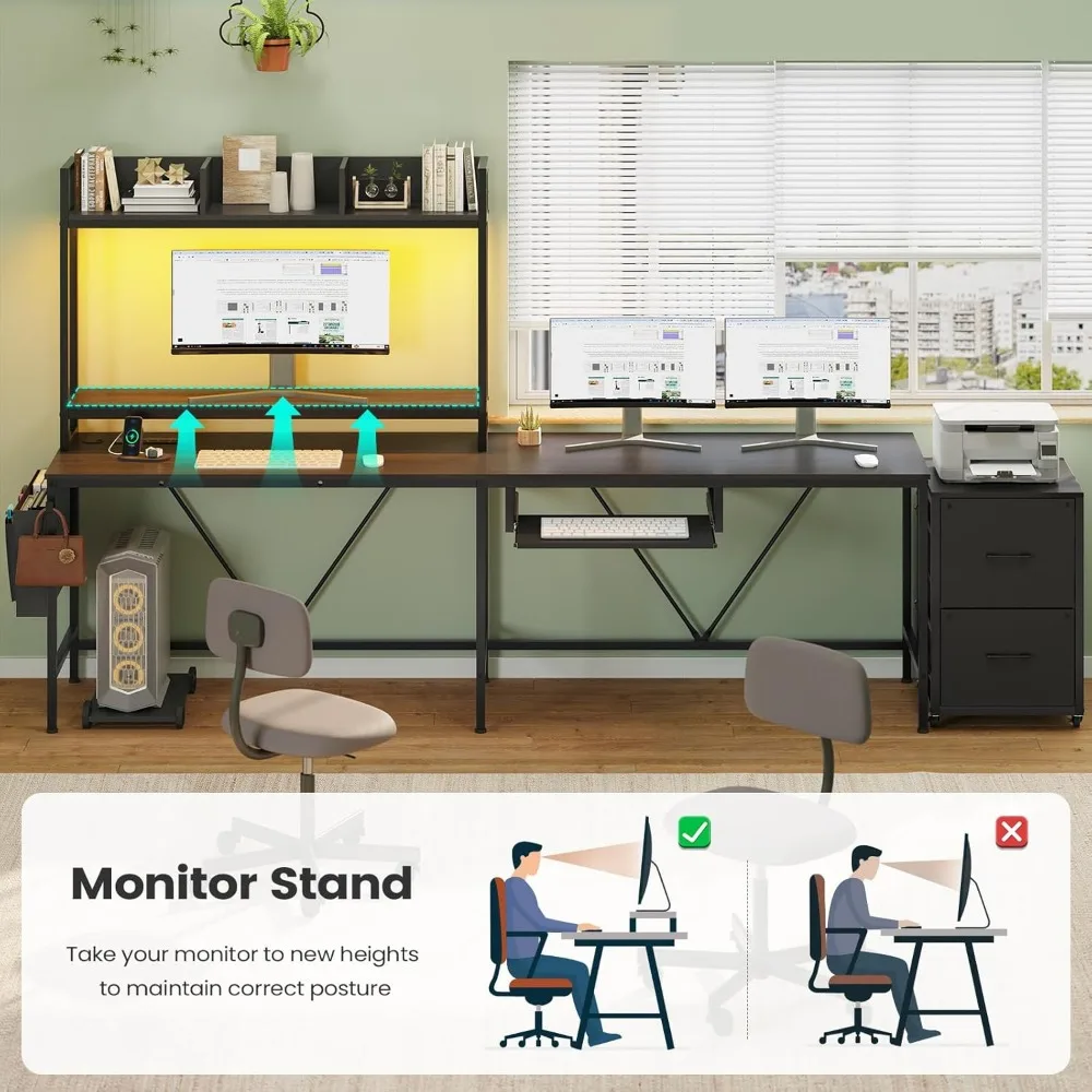 مكتب ألعاب على شكل حرف L مع صينية لوحة مفاتيح، مكتب كمبيوتر قابل للعكس مع مخرج طاقة، مكاتب مكتب منزلية زاوية، كابينة ملفات متنقلة