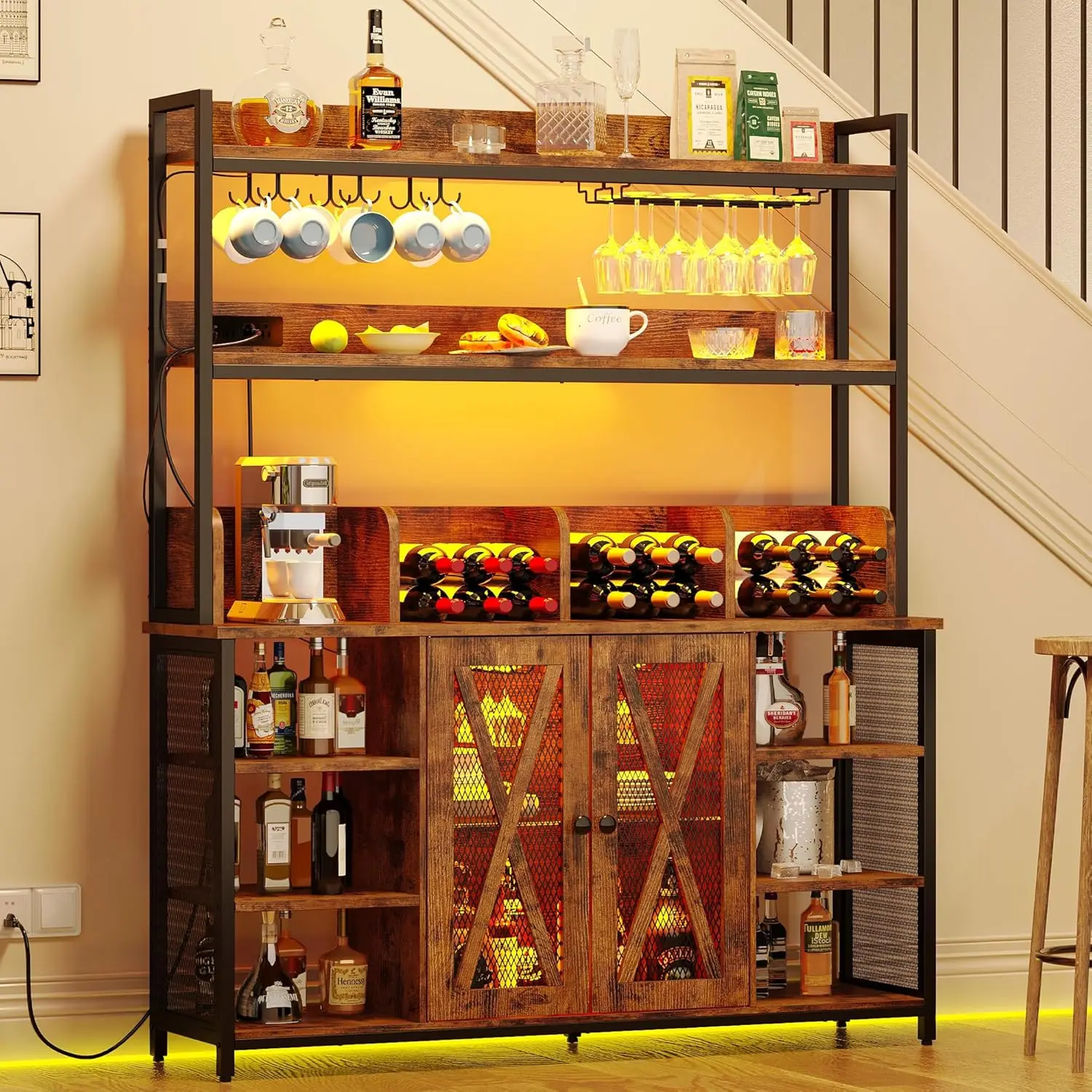 Armoire de Bar à café avec prise de courant, armoire Buffet industrielle avec bande LED et support en verre, armoire à liqueur à 3 niveaux pour