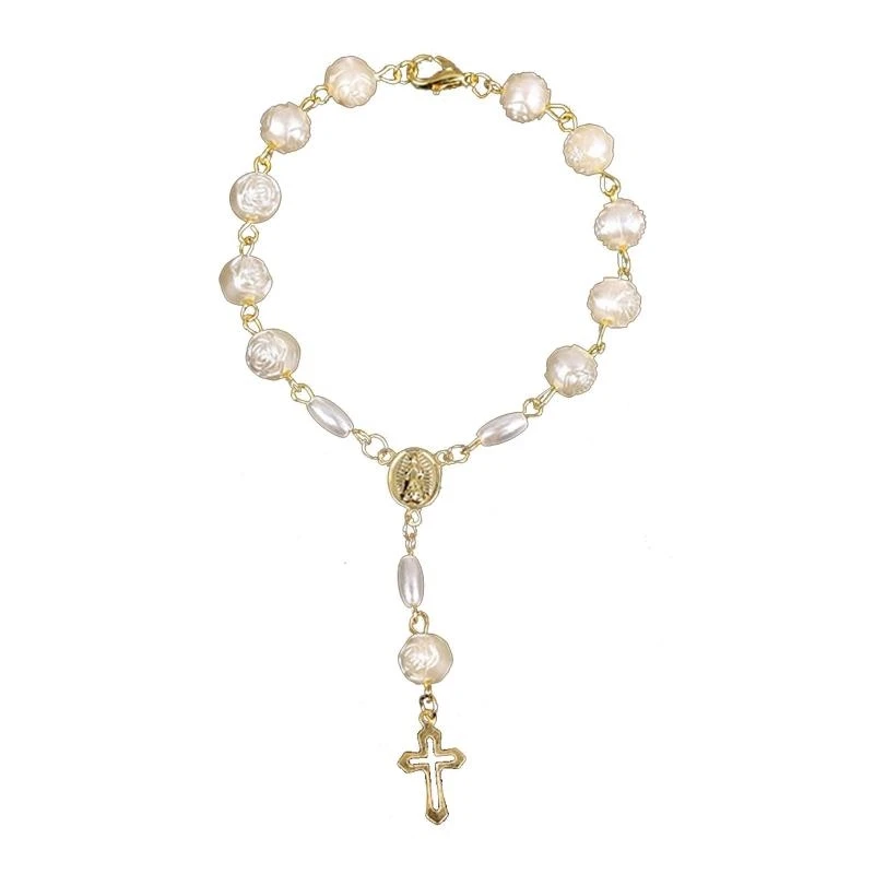3XUA Beaded Rosary Bracelet Christ Jesus Pendant Anniversary Jewelry Gift For Women
