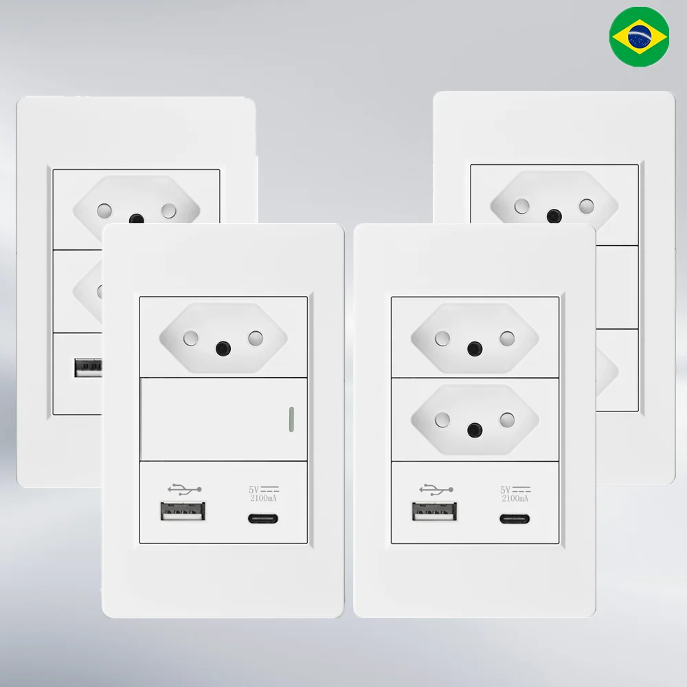 

Панель розетки VISWE из огнестойкого пластика, стандартная бразильская розетка USB Type-C, настенная розетка 118*72 мм, белая, 10A, 20A