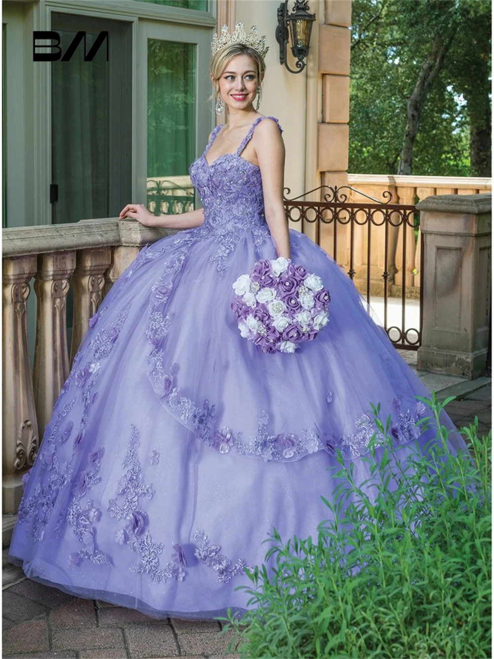 Princess Women Sweet 15 16 Dress, Tulle Ballgown With Floral Appliques, Tank Sleeves, Built-in Bra, Lace-up Closure  Quinceanera