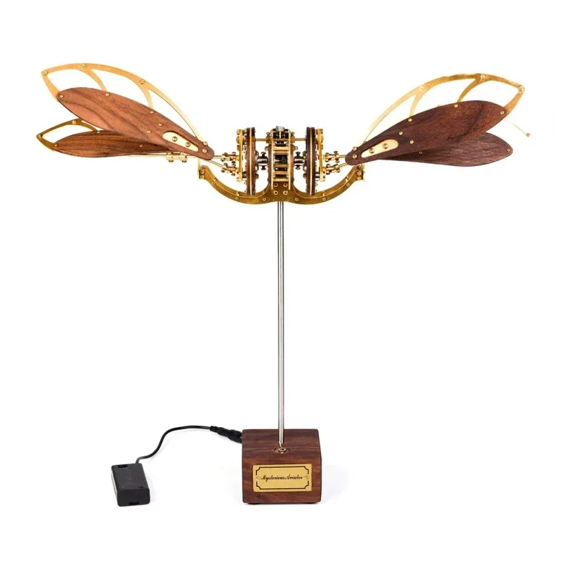 DIY Metal Mechanical Dragonfly Assembly Model Kit with Walnut Base Display Crafts Movable Assembled Toys Birthday Gift