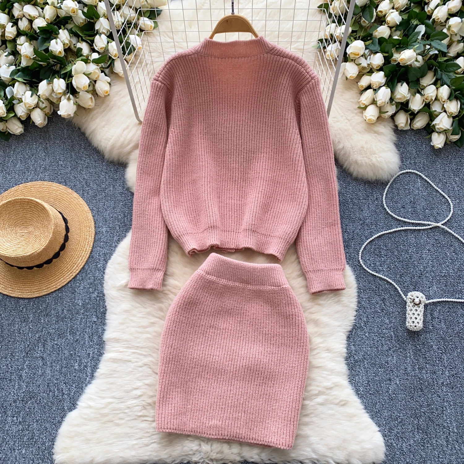 Ladies Knitted Two Pieces Suits Long Sleeves Cardigan Sweater+High Waist Mini Skirt Female Warm Autumn Winter Sweater Knit Set