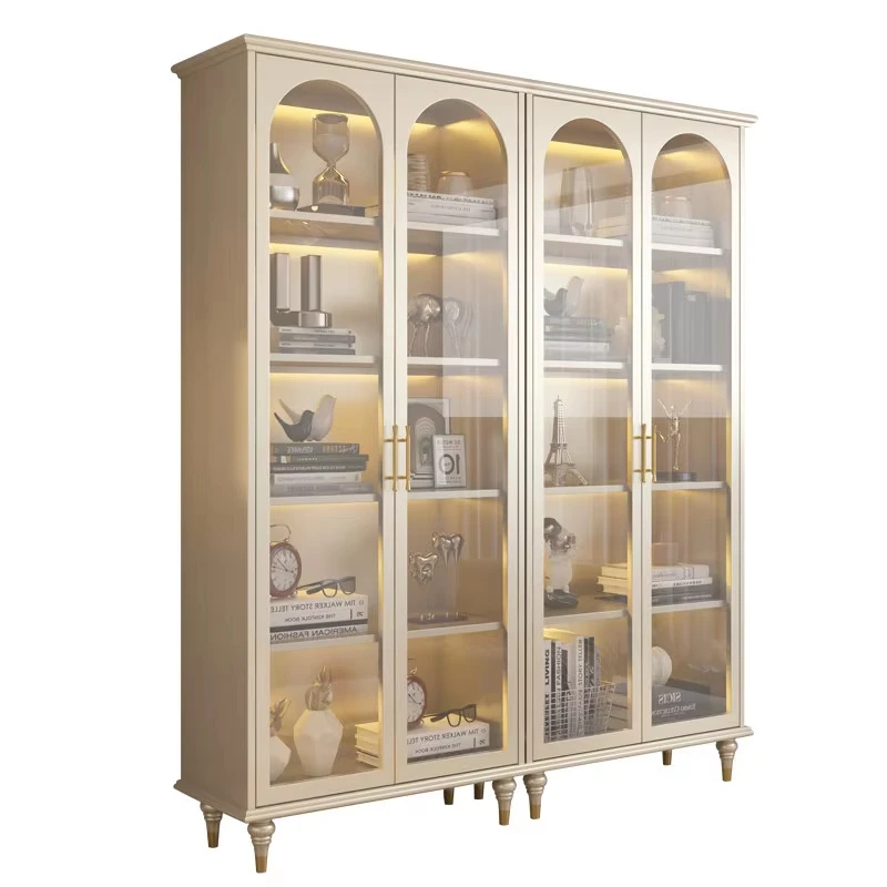 French solid wood bookcase with glass door study floor-to-ceiling shelf and wine cabinet