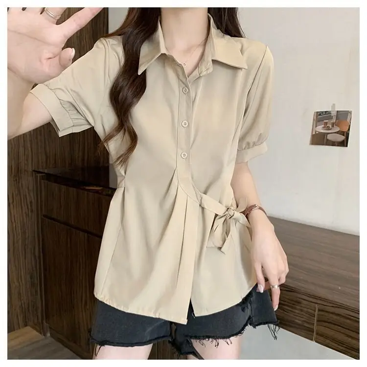 

Short Sleeve Shirts Womens All-matching Ribbed Knit Blouse Slim Fit Button Up ONeck Simple Modern Streetwear Chic Summer Elegant