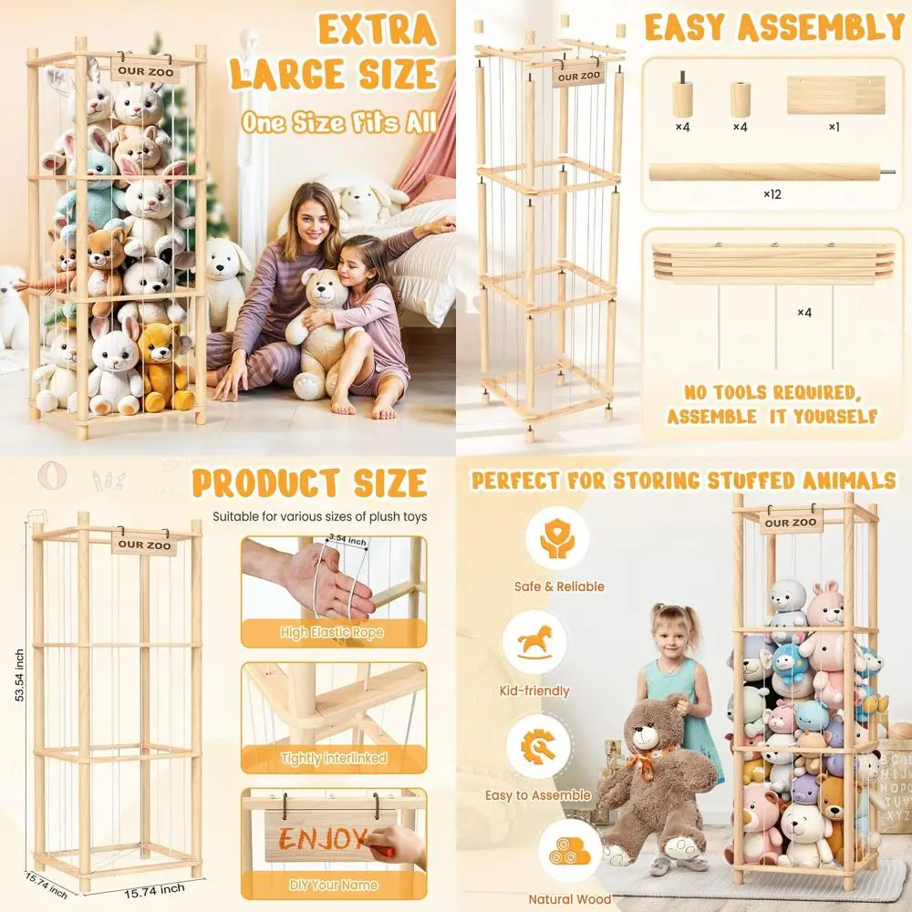 

Wooden Zoo-Themed Storage Organizer for Kids' Stuffed Animals in Playrooms and Bedrooms