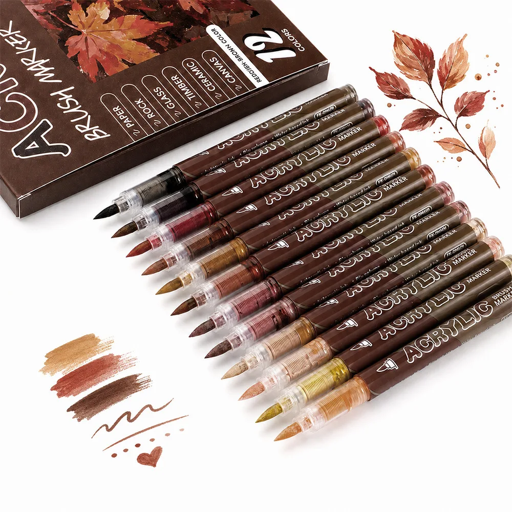 12 Farben Acryl-Marker-Set Permanente Marker mit Pinselspitze Acryl-Malmarker für Stein Glas Keramik Leinwand Holz Stoff – Detail 8