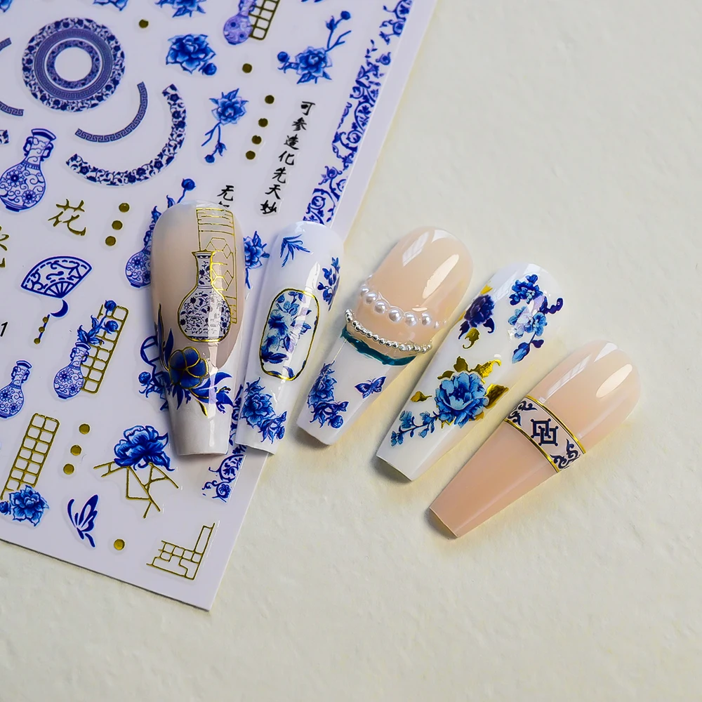 1 szt. Niebiesko-białe naklejki na paznokcie 3D z porcelany, retro chiński styl, piwonia, koi, samoprzylepne naklejki na paznokcie, złote stemple, manicure, slider