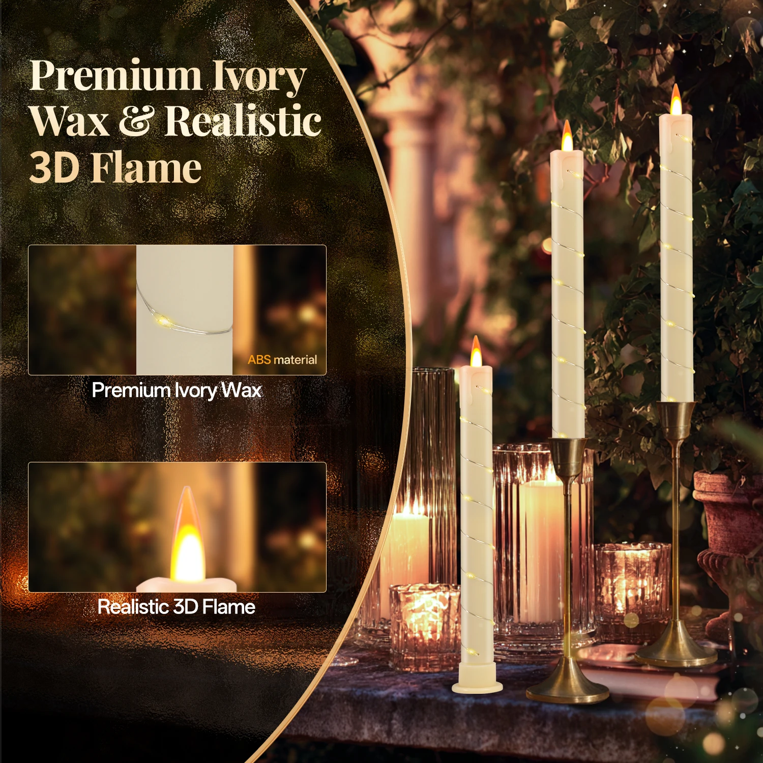 شموع مستدقة عديمة اللهب LED تعمل بالبطارية، شمعدانات وامضة وهمية، شموع كهربائية طويلة لعيد الميلاد، ديكور منزلي للزفاف