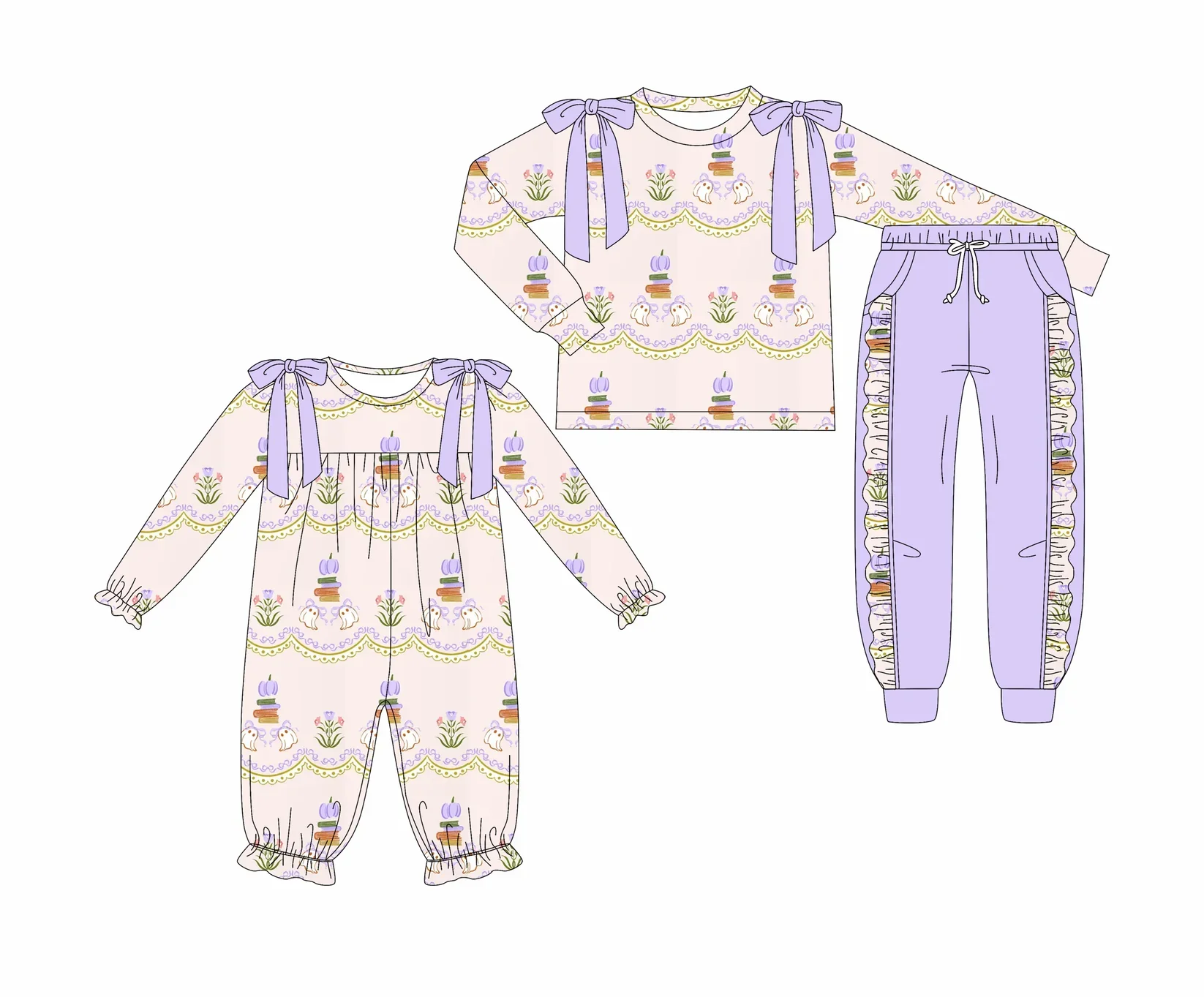 

New Design Halloween Kids Clothes Girls Ghost Print Girl Outfit Sets Baby Girls Jumpsuit Bow Lace Wholesale