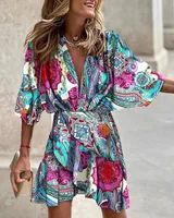 Vestido estampado para mujer, Sexy, con cuello en V, manga murciélago, volantes, estampado de flores, vestido veraniego bohemio para playa, Mini vestidos sueltos para vacaciones de verano