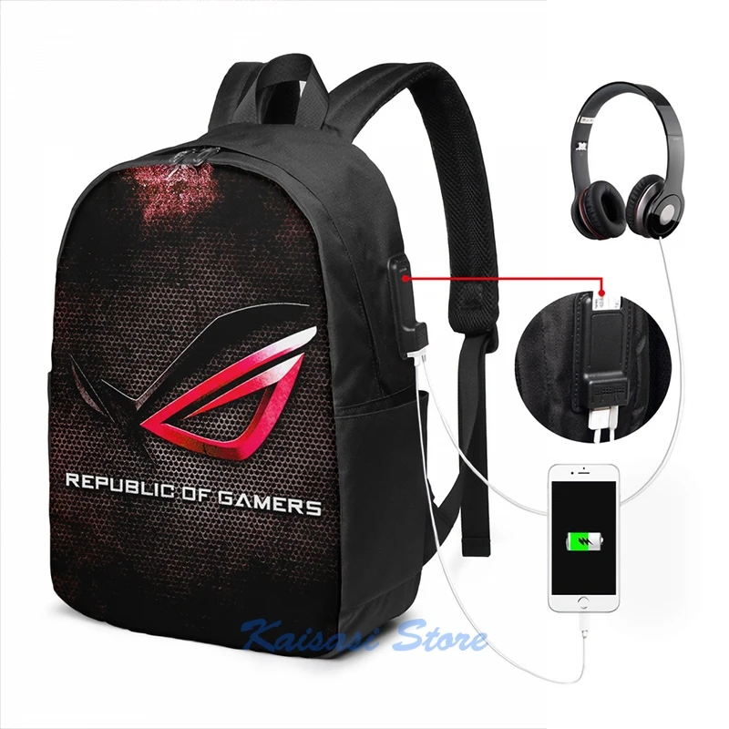 Funny Graphic print ROG Republic of Gamers HQ USB Charge Backpack men School bags Women bag Travel laptop bag