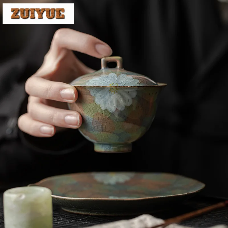 Coarse Pottery Hand-painted Chrysanthemum Cover Bowl Handmade Anti Scald Gaiwan Retro Tea Tureen Tea Maker Decoration 100/110ml