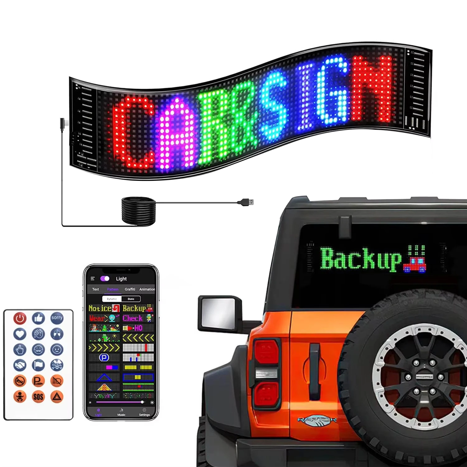 

96x20 LED Flexible Light Sign 19.37x4.33" USB Power Remote Control Car Scrolling Display Bluetooth APP Control for Store Bar Car