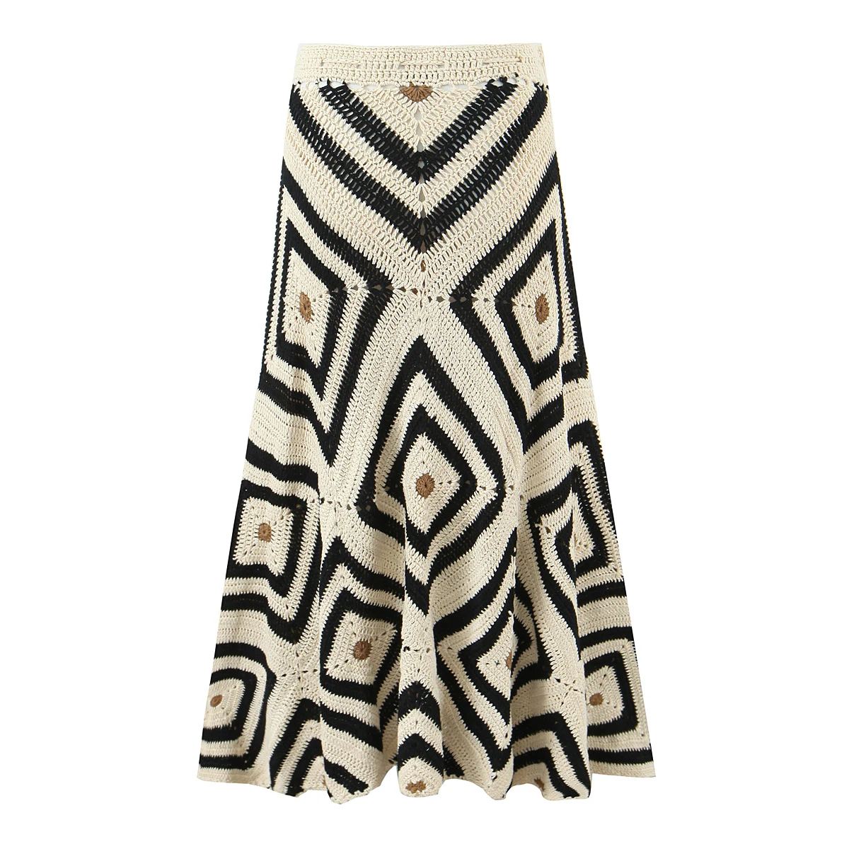 2025 Beige met zwarte geruite handgemaakte gehaakte lange rok strik vetersluiting bandage taille swing onregelmatige skater