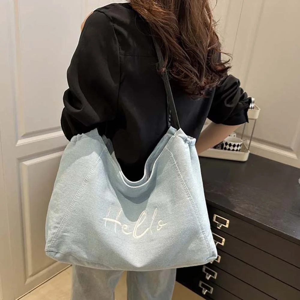 

Portable Denim Blue Tote Bag Korean Style Letter Embroidery Commuting Shoulder Pouch Magnetic Button Vintage
