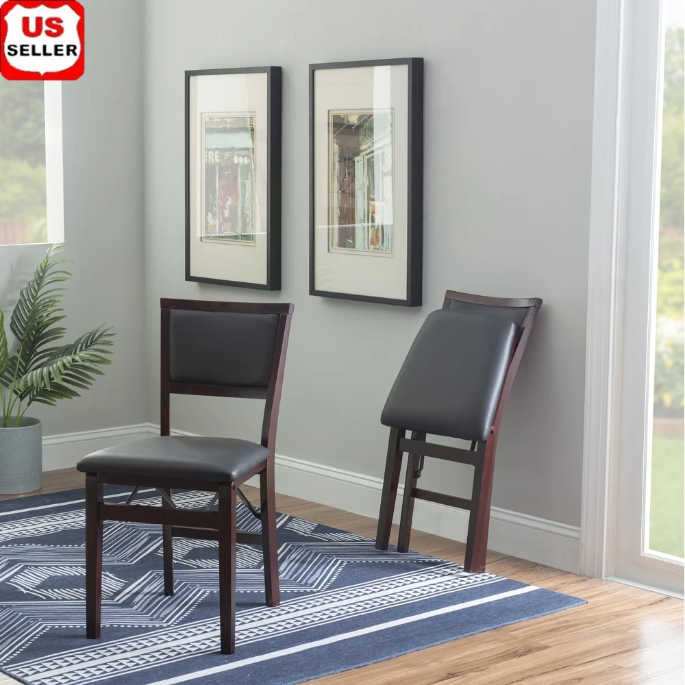 

Indoor Folding Dining Chair Set of 2 Stylish Dark Brown Faux Leather Upholstered Seat Space Saving Easy Storage Wood Frame
