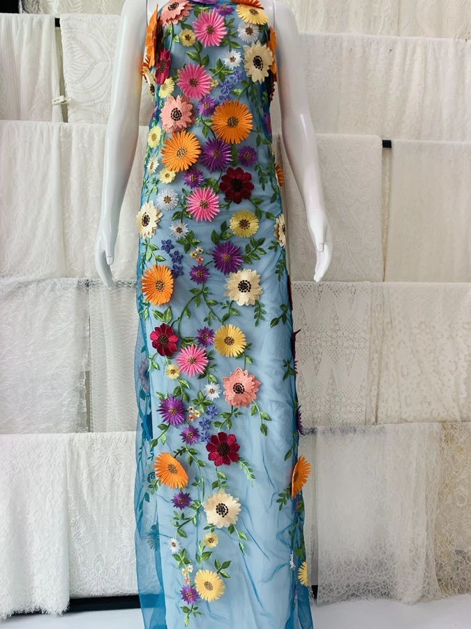 green emerald velvet dress White Cotton with multicoloured wool embroidered dress fabric 54