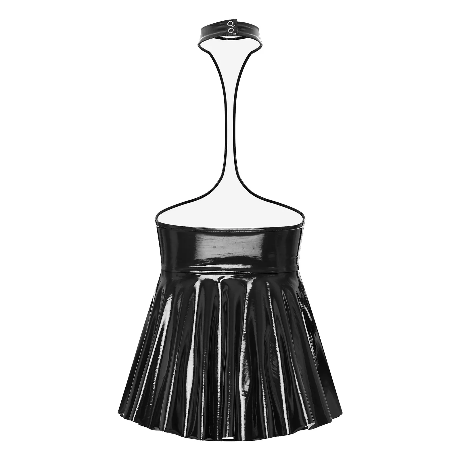 Robe en similicuir métallique brillant pour femmes, col licou, dos nu, robe trapèze, poitrine Résolution, mini robes de boîte de nuit, vêtements en